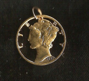 Mercury Dime Gold Plated Cut Coin